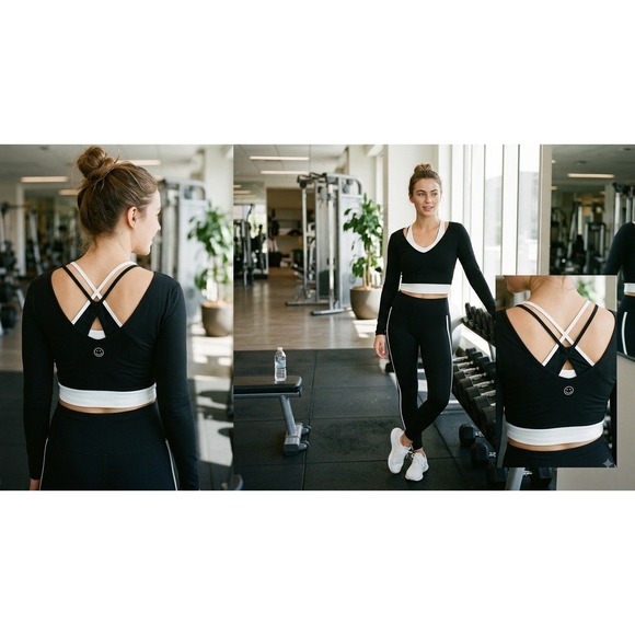 Gilly Hicks Tops - Gilly Hicks Active Boost Long Sleeve Crop Top Black White‎ Cross Back Small